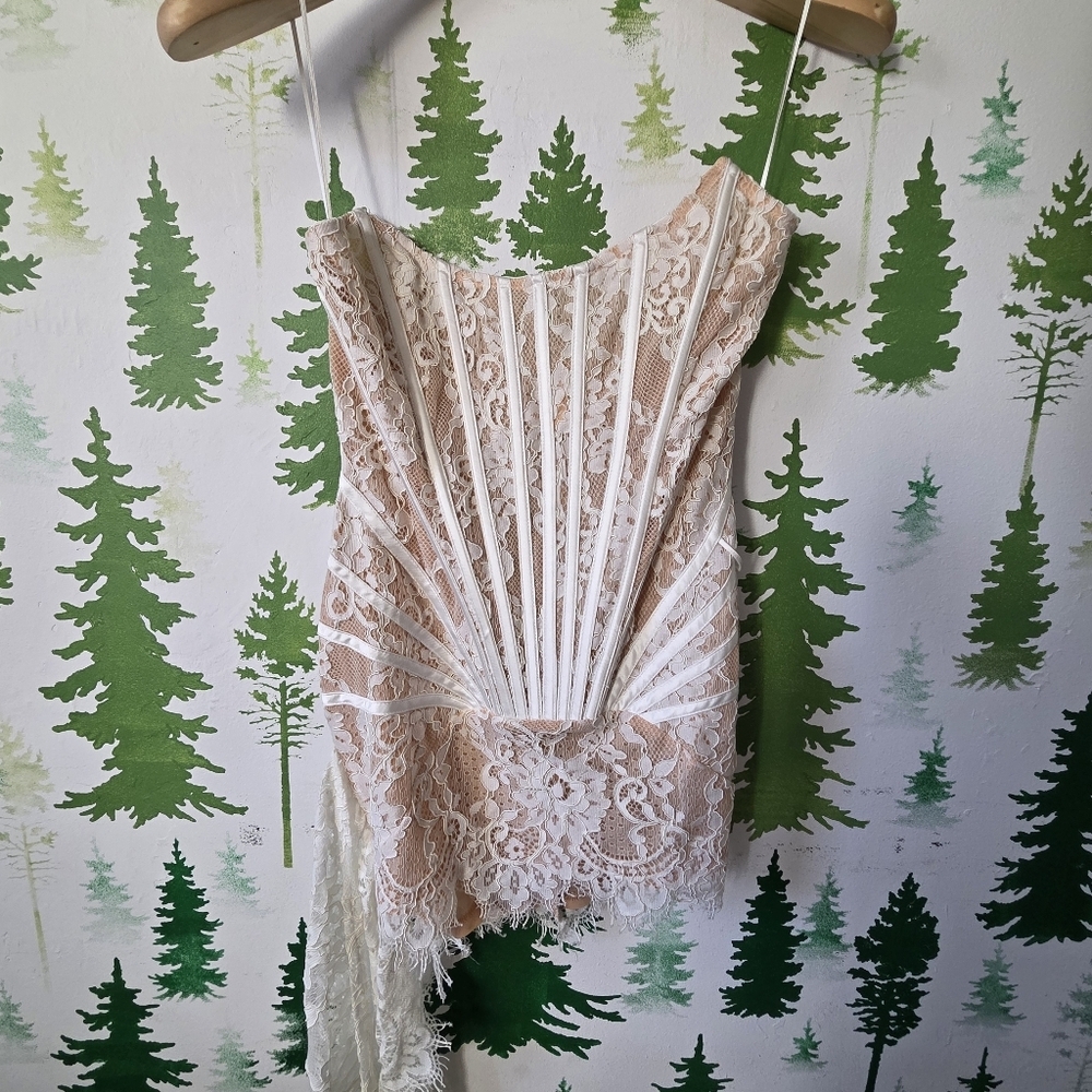 Lace Mini Dress with Corset Detailing - Cream